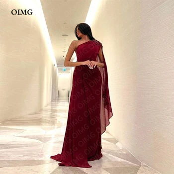 OIMG бордовый плиссированные шифон бисером вечерние платья на одно плечо плащ рукава Дубай, Арабские женщины случаю вечерние платья