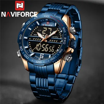NAVIFORCE Лидирующий бренд, роскошные синие Классические мужские часы, кварцевые Цифровые мужские часы, военные спортивные мужские наручные часы из нержавеющей стали 9195